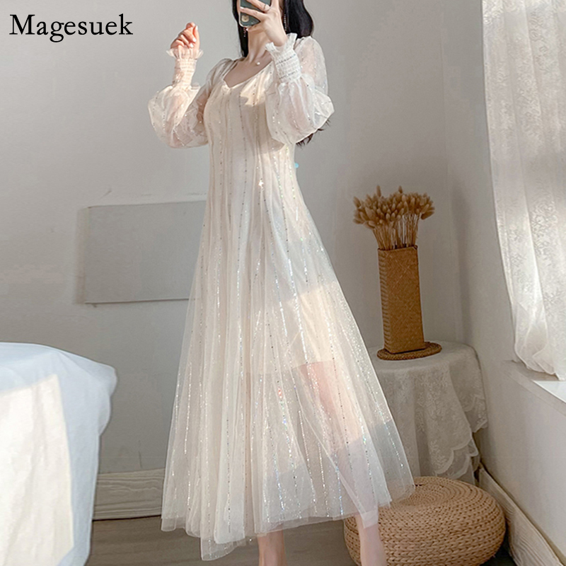 

2020 Autumn Women Dress Elegant Puff Sleeve O-neck Mesh Sexy Dress Women Two-Piece Party Maxi Dresses For Vestidos 10123, Blue