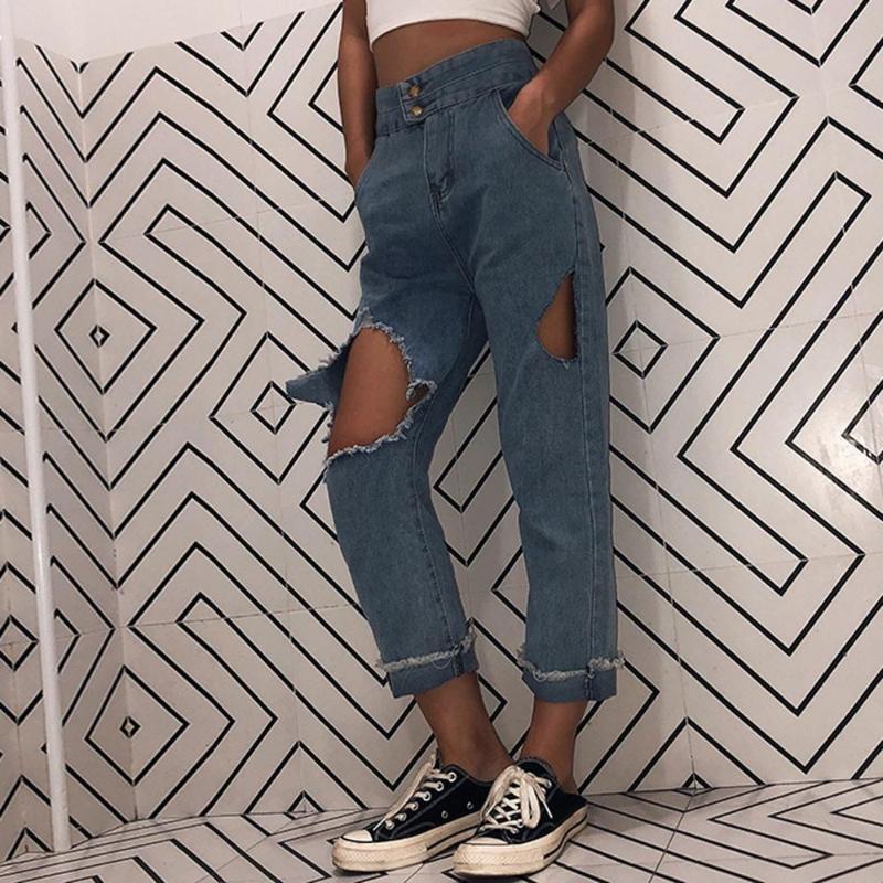 

Hot Womens High Waist Hole Jeans Straight Loose Fit Leisure Vogue Denim Full Length Straight Casual Jeans Autumn Spring, Blue