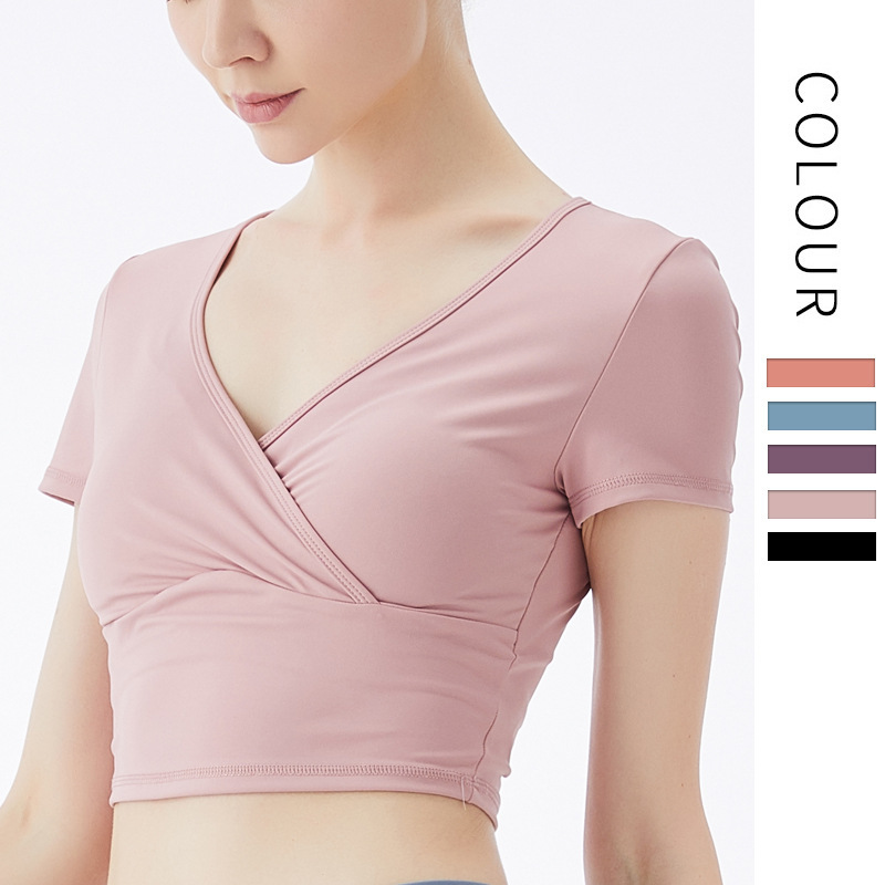 

Woman Summer Sexy Cross Deep V Beauty Back Running Sports Shirt Tight Stretch Fitness Exercise Crop Top Gym Yoga Short Sleeve, Pink