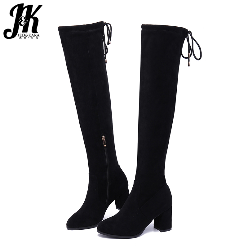 

JK Stretch Flock Boots Women High Heels Boot Ladies Round Toe Over The Knee Shoes Zip Cross Tied Shoes Female Winter 2020 New, Black short plush