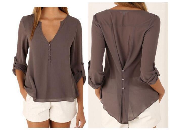 

Autumn Spring Summer Tees Plus Size Women Tops Elegant V-neck Casual Fashion Blouses Long Sleeved Chiffon, Blue