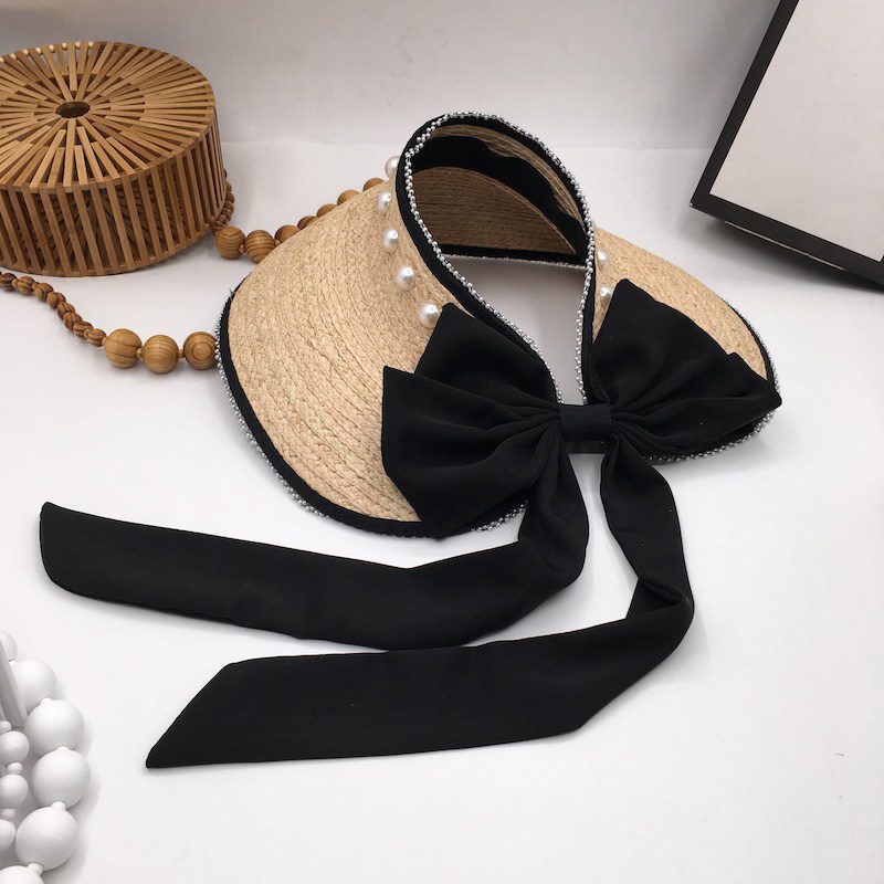 

Spring/summer new lafite grass topless hat women's fashion pearl socialite beach resort sunbonnet topless elegant hat, Khaki