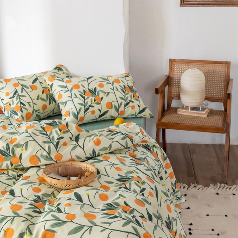 

Green leaf orange bedding set teen kid, full queen king cotton single double home textile bed sheet pillow case quilt cover, Picture color