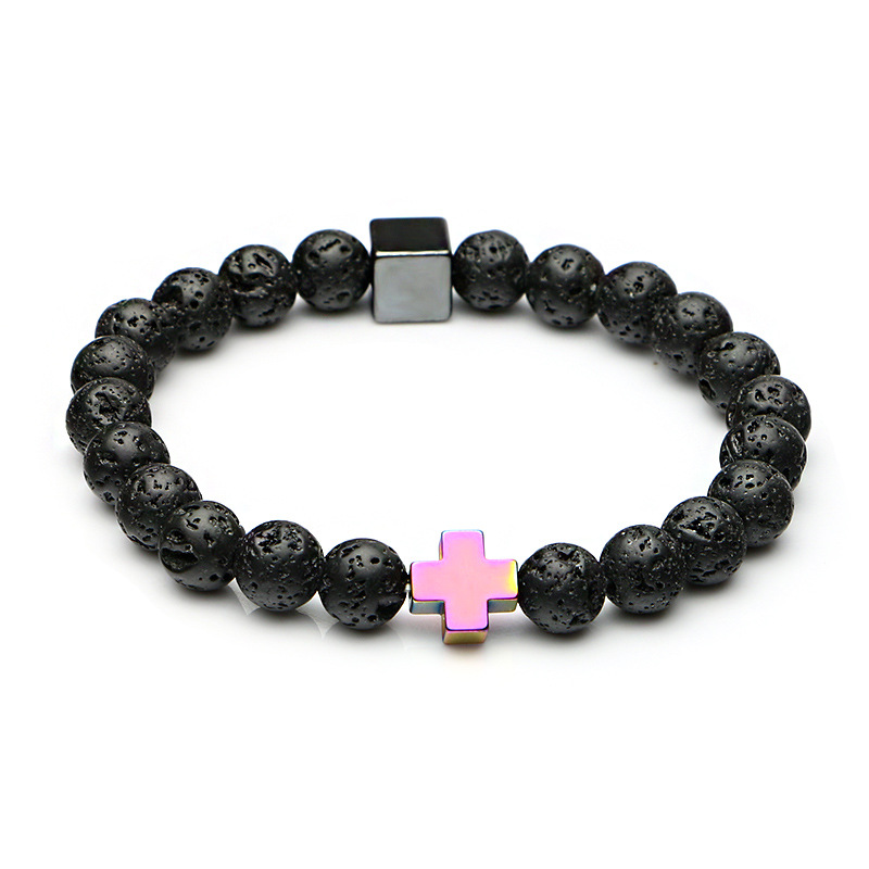 

8MM Black Lava Stone Cross Charms Buddha Yoga Bracelet Essential Oil Diffuser Jewelry for Wome Men Gift