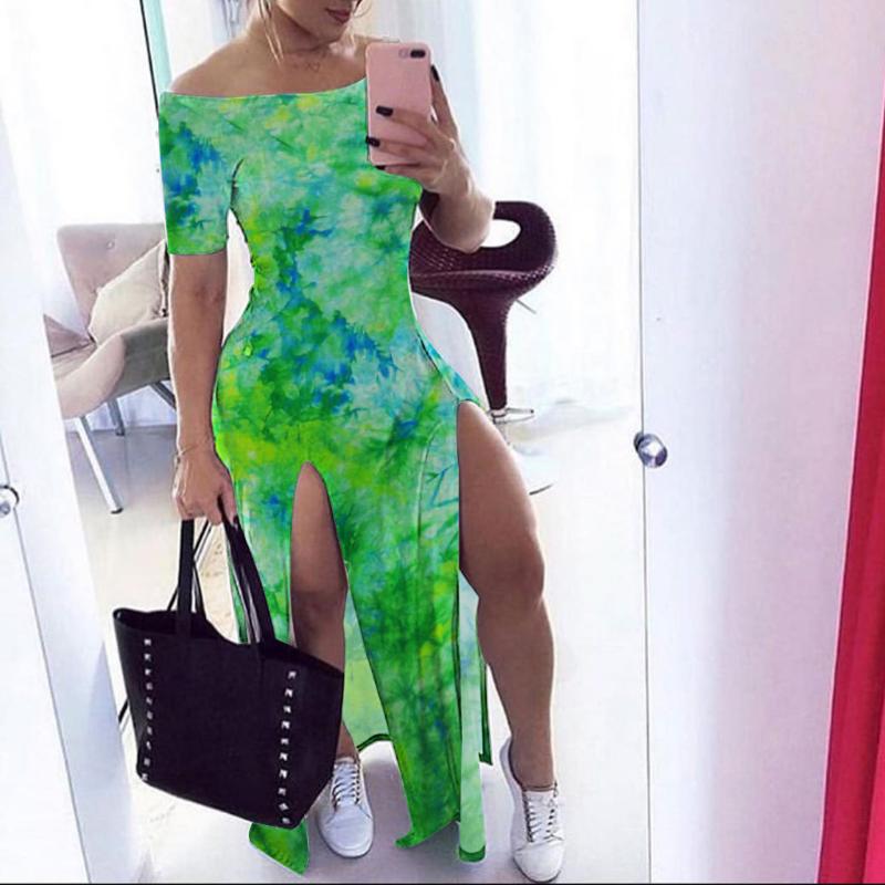 

2020 Summer one-shoulder tie-dye dress Fashion Women Sexy Print Short Sleeves Off Shoulder Slit Long Dress Beach Holiday, Green