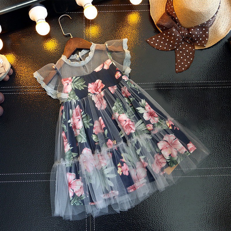 

Summer Casual Children Girls Dresses Mesh Design Flower Print Dress Kids Toddler Sleeveless Sundress