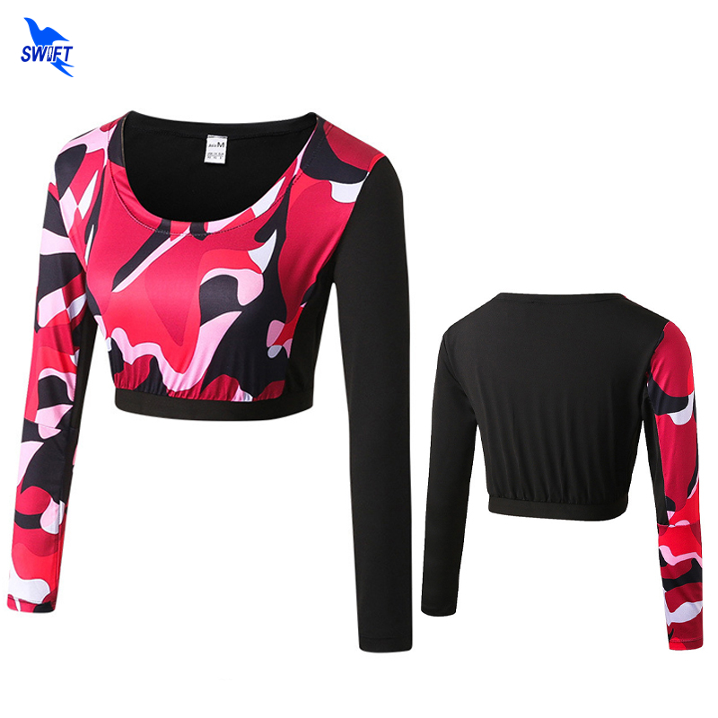 

Camouflage Women Sport Compression Skin Tight Long Sleeve Yoga Shirt Fitness Gym Running Short Style Camo Undershirt Crop Tops, Brown green
