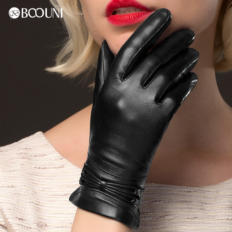 

Five Fingers Gloves BOOUNI Genuine Leather Fashion Black Women Sheepskin Glove Winter Plus Velvet Driving NW777