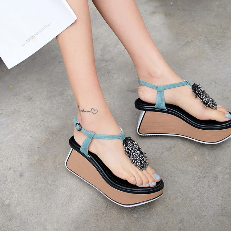 

Dilalula Beach Sandals Women Strange High Heels Platform Thong Flip Flops Sandals Ladies Shoes String Beads Kid Suede Party Date, Black