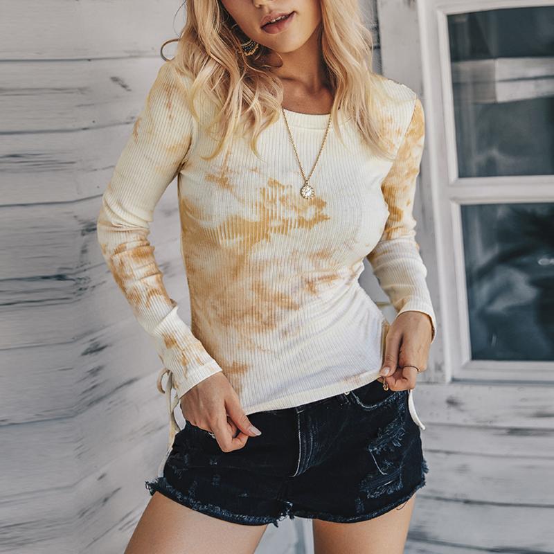 

Fashion Women Blouse Tie-dyed O-Neck Printed Casual Ribbed Long Sleeve Slim Drawstring Ruched Tops Female Camisetas Mujer#p3, Yellow