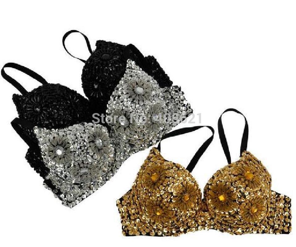 

2020 Six Flower Acrylic Rhinestones Belly Bra Women Halloween Sequin Bras Stage Performance Sexy Female Pole Dancing Uniform, Black