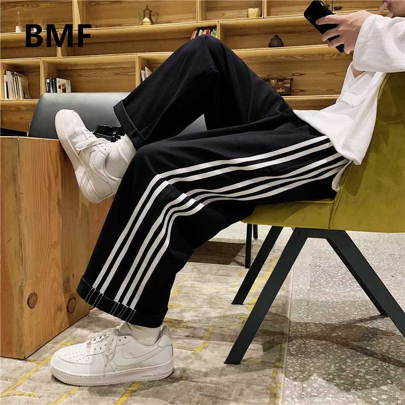 

Fashion Hip Hop Wide Leg Pants Men Clothing Korean Striped Casual Straight Leg Pants Ulzzang Loose Sports Kpop Clothes, Black