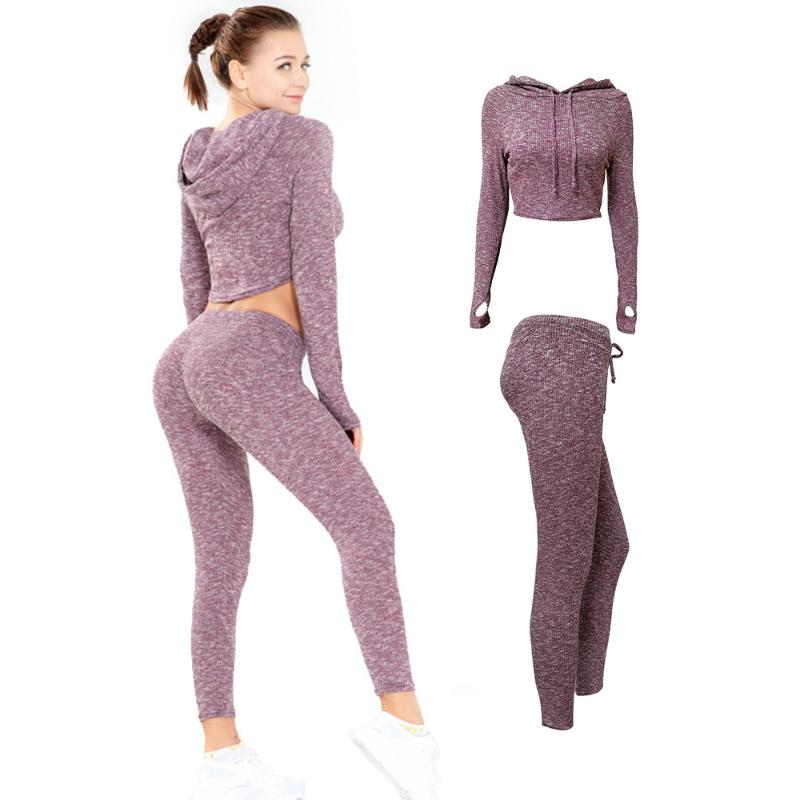 

2 Piece Set New sexy navel knitted fitness sports hooded suit women' tight quick-drying hip lifting Leggings running yoga suit, Grey