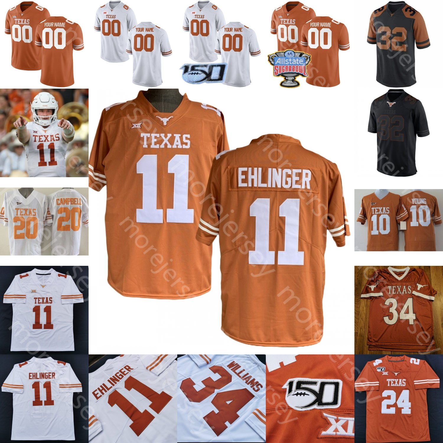 

Custom 2020 Texas Longhorns Football Jersey NCAA College Goodwin Huff Griffin Aaron Ross Johnson Ricky Williams Davis Williams Cedric Benson, With 150th patch