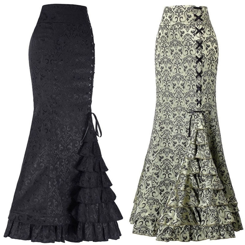 

Women Asymmetric Trumpet Skirts Floral Print Lace Patchwork Lace-Up Luxury Mermaid Skirts Elegant Vintage Long Mermaid, Black