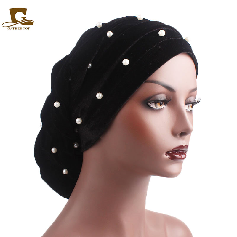 

Pearled Ruffle Baggy Hat Women Velvet Stretch Turban Cap for Hair Loss Head Scarf Wrap Headwear Slouch Caps Chemo Hats Turbante