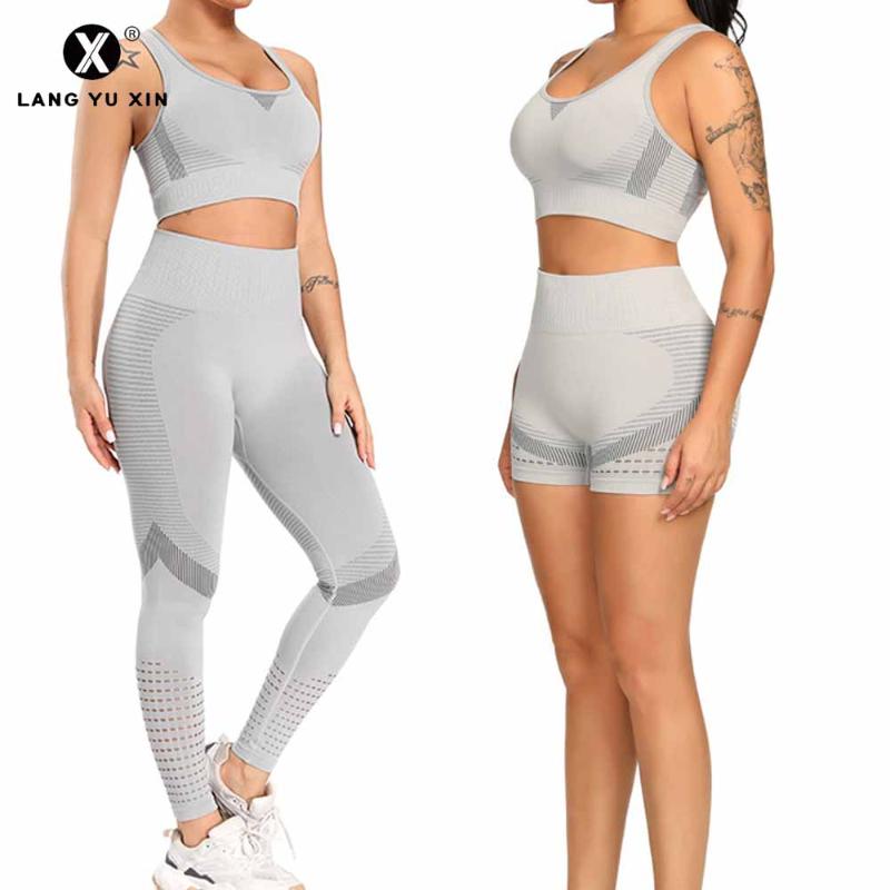 

Women' Yoga Set, Sportswear, Sports Bra, High Waist, Tight Leggings, 2-Piece Set, Exercise, Running, Gym, Sportswear, Gray