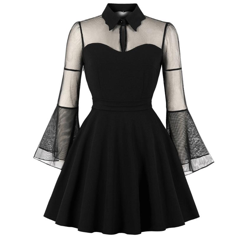 

Vintage Punk Summer Women Mesh Dress Flared Sleeve Stitching Dress Lapel Solid Color Long Sleeves Retro Party #BL1, Black