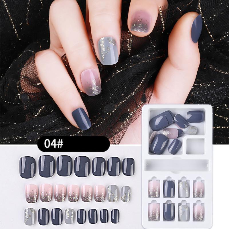 

Holographic Powder On Nails 24PCs Fake Nails Reusable Stick On Press Full Cover False Nail Tips Arte Manicure De Unas