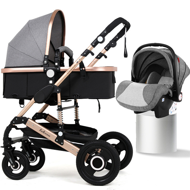

High Landscape Baby Stroller 3 in 1 Luxury Hot Mom Stroller Travel Pram Reversible Baby Trolley Pink with Car Seat