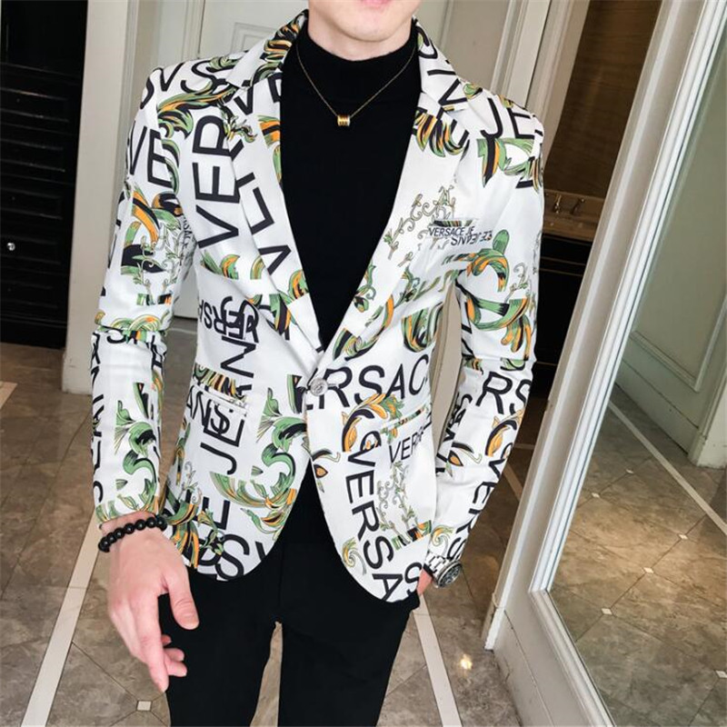 

TANG Floral Men Blazer 2020 New Brand Letter Printed Blazer Masculino Casual Slim Fit Business Formal Black Mens Suit Jacket, White;black