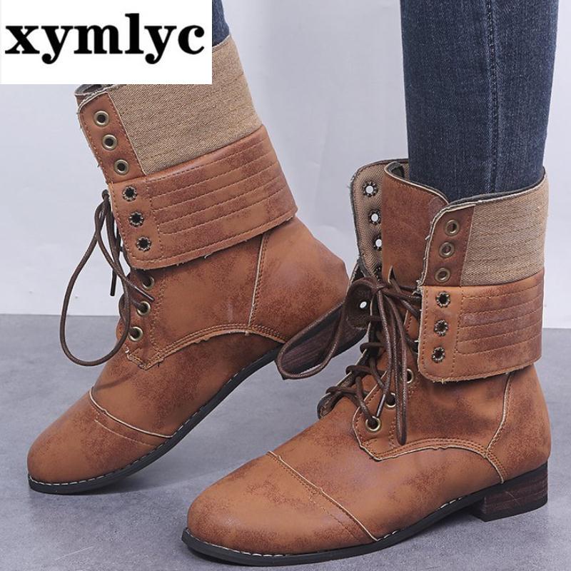 

New shoes women booties lace up vintage boots autumn winter pu leather platform western ankle boots ladies zapatos mujer, Gray