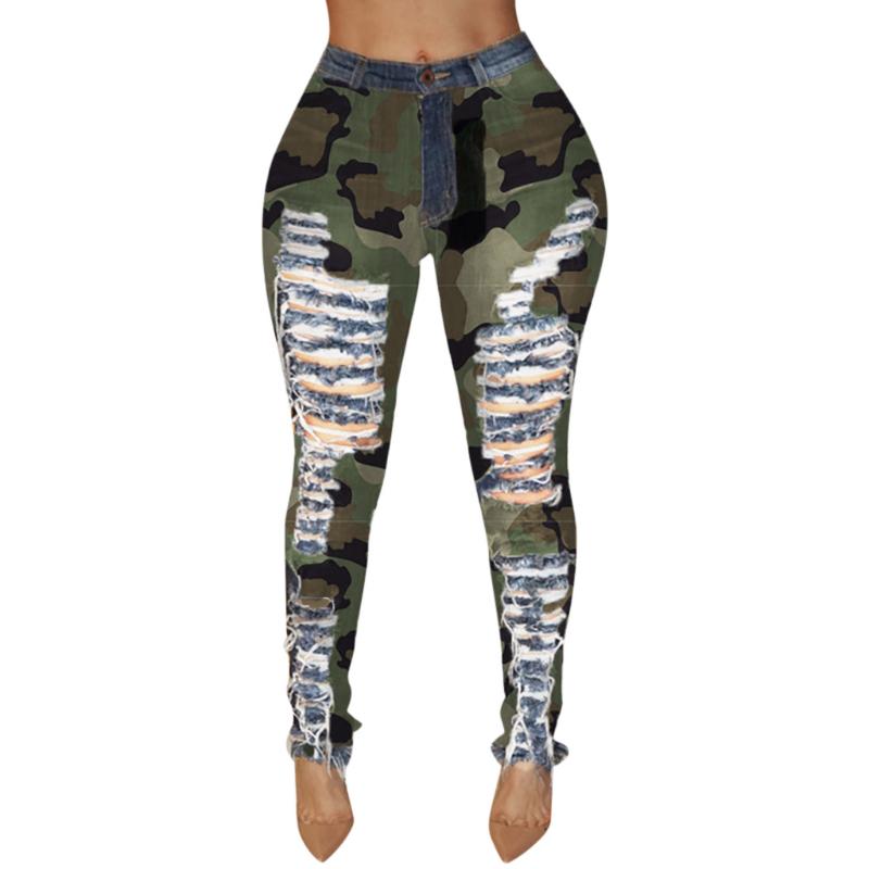 

Women Camouflage Print Denim Pants Fashion Hole Button Zipper Pocket Jeans Casual Denim Tight Female High Waist Pants YL5, As pic