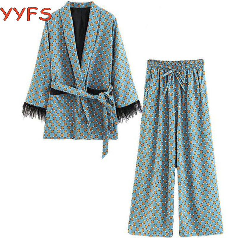 

2020 2 PCS Set Printed Kimono Jacket with Feather Sleeves +Wide Leg Loose Trousers Women Cuasal Vintage Belt Clothing Suits, Pink pant