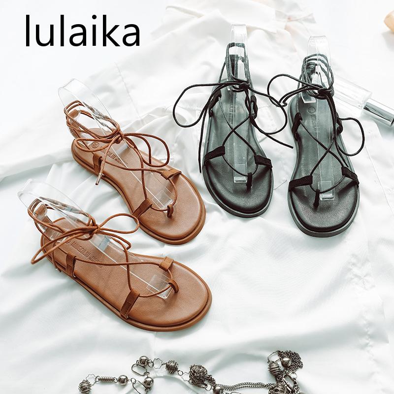

2020 Summer Roman Sandals Multiple Cross-Strap High Bondage Women Sandals Flip Flops Black Brown Flat Heel Size 35-41