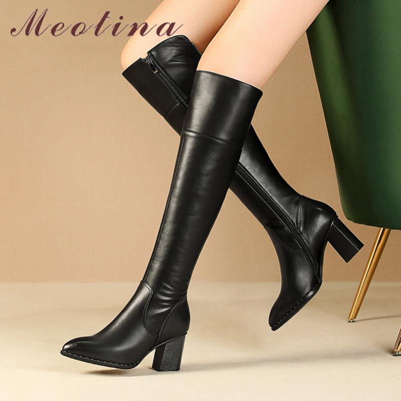 

Meotina Winter Over The Knee Boots Women Natural Genuine Leather Chunky High Heel Long Boots Zipper Pointed Toe Shoes Lady 34-42, Black