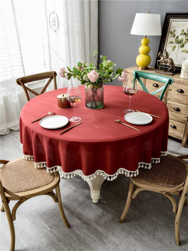 

Nordic Style Cloth Round Tablecloth Waterproof Oil-proof Table Cloth Round Plain Cotton Linen Tassel Lace Table Cover Home Decor, No2