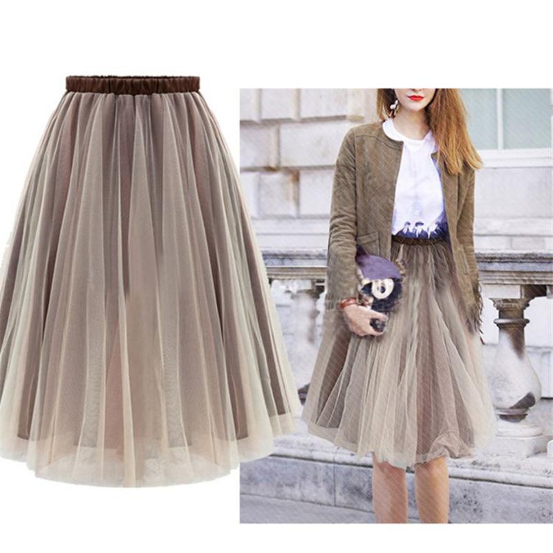 

NDUCJSI Summer Women Pleated Skirts FashionElastic High Waist Elegant Tulle Spring Plus Size Ladies Casual Mesh A Line Skirt, Khaki