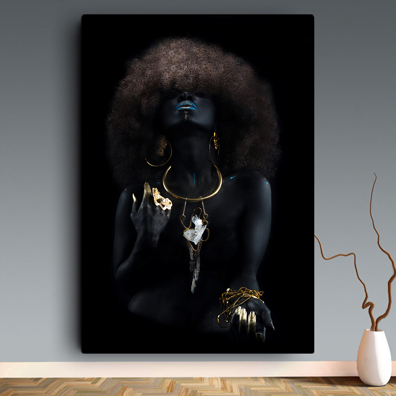 

SELFLESSLY Black Girl Golden Nails Canvas Paintings For Living Room Fashion Art Posters and Prints Modern Pictures Unframed