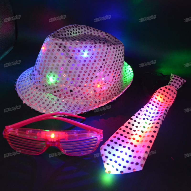 

Light Hat , Tie , Sunglasses / Flashing led Sequin Tie Bow Fedora Hat Eye glasses Wear Party Wedding Boy Men Christmas 6SET