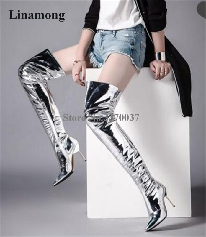 

Women Sexy Pointed Toe Silver Patent Leather Stiletto Heel Over Knee Slim Boots Charming Metal Thin High Heel Long Boots, As pic