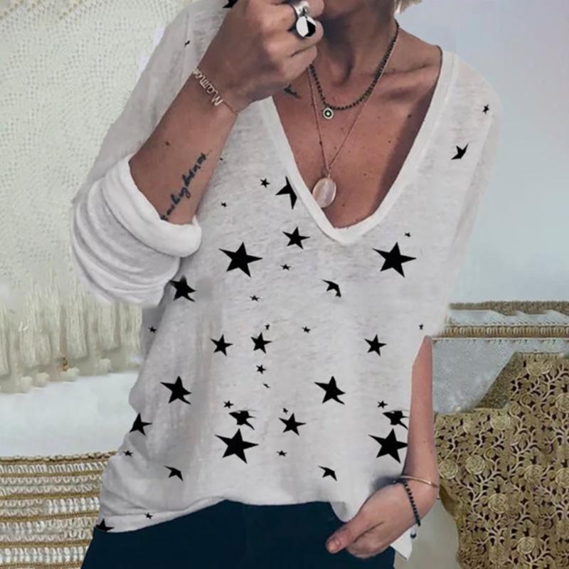 

Autumn New Arrival Women Fashion V-neck Star Print T-shirts Loose Long Sleeves Pullover Tops 2020 Female Sweatshirt #3, White