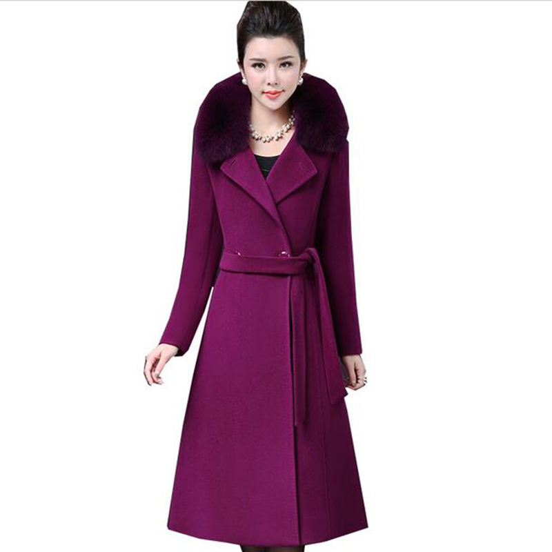 

2020 winter new women plus thick fur collar wool jacket in the long section wool woolen coat plus size Solid color coat, Black