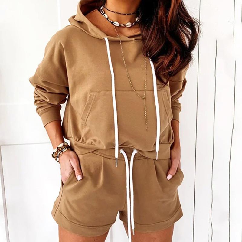 

2 Piece Set Women Hoodies + Shorts Suit 2021 Autumn Winter Long Sleeve Tracksuits Tops Two Piece Set Ladies Outfits#0811g30, Brown