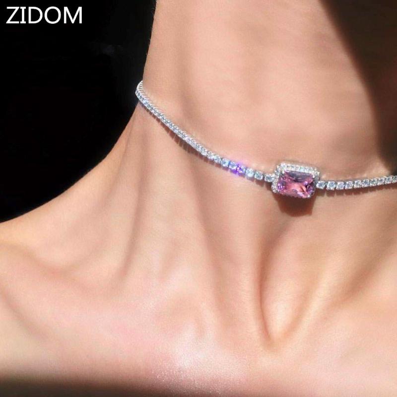 

Women iced out bling gem pendant with tennis chain Hiphop necklace Adjustable length size chain choker women fashion jewelry
