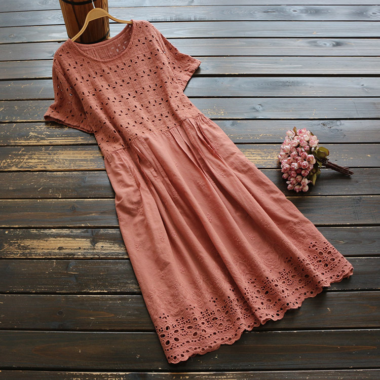 

6294 new summer women' dress Japan style literary lace short sleeve O-Neck dress cotton solid color midi dresses, Brown