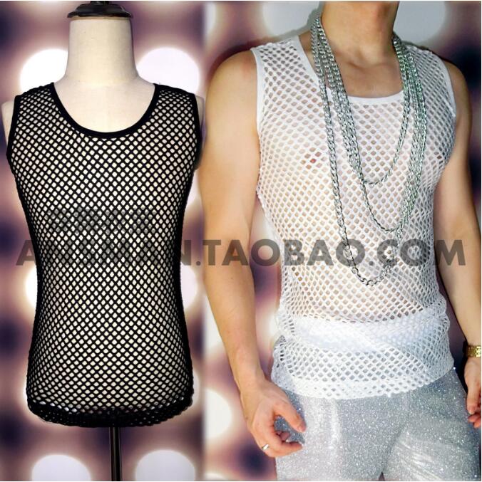 

5XL 2020 New Nightclub Men' clothing singer fashion Slim DJ DS Perspective mesh stretch vest male Stage Performance costumes, Black
