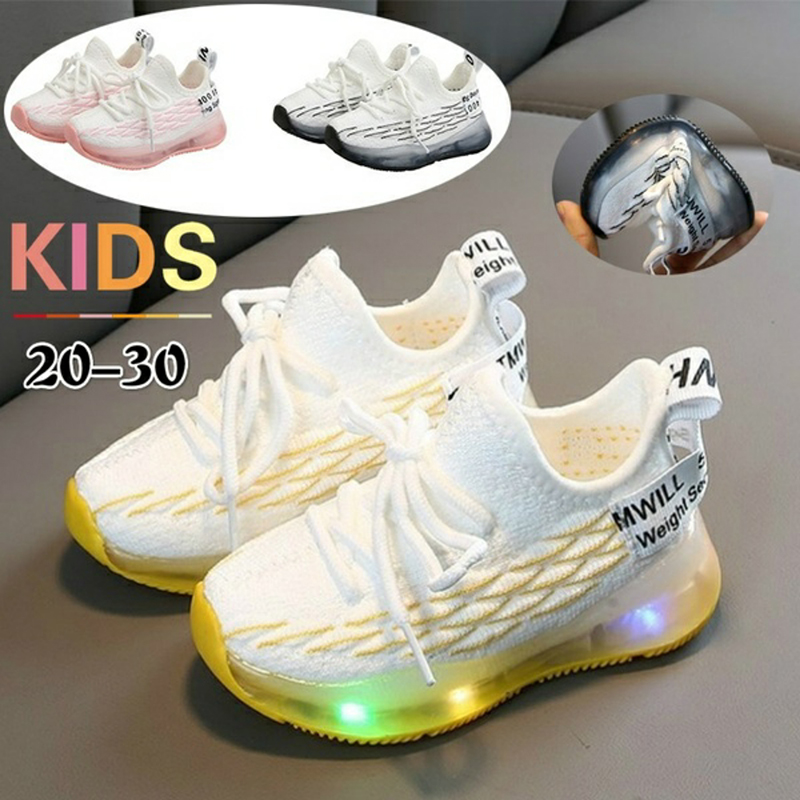 

2020 Spring and Autumn Korean Children's Shoes Girls Net Shoes Boys Knitted Baby Breathable Soles Luminous Sneakers, Yellow