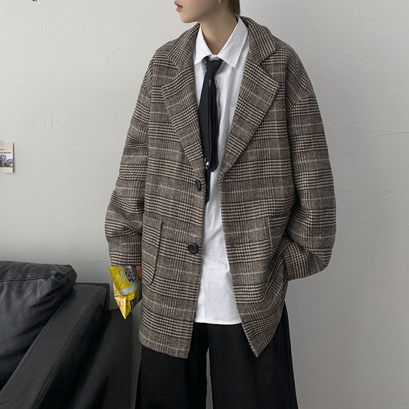 

Winter Thick Plaid Woolen Coat Men's Warm Fashion Retro Casual Woolen Cloth Jacket Men Streetwear Loose Korean Coat Mens, Khaki