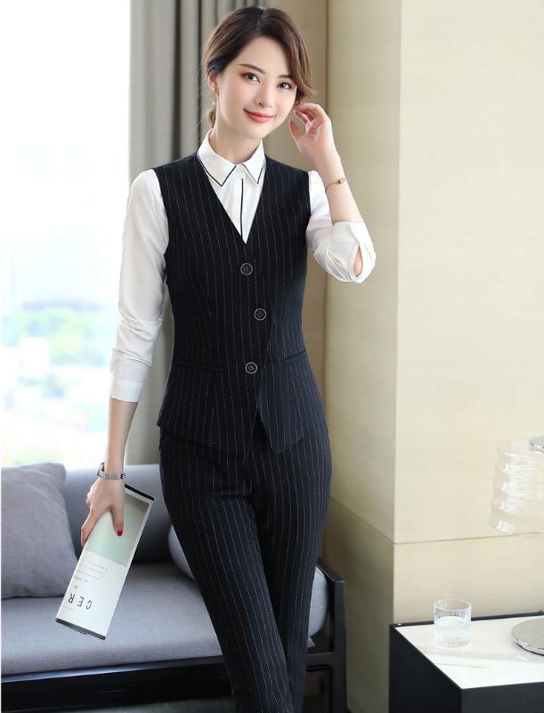 

Fashion Striped Formal Uniform Designs Business Suits With Tops And Pants For Ladies Office Wear Vest Coat & Waistcoat Sets, Black striped