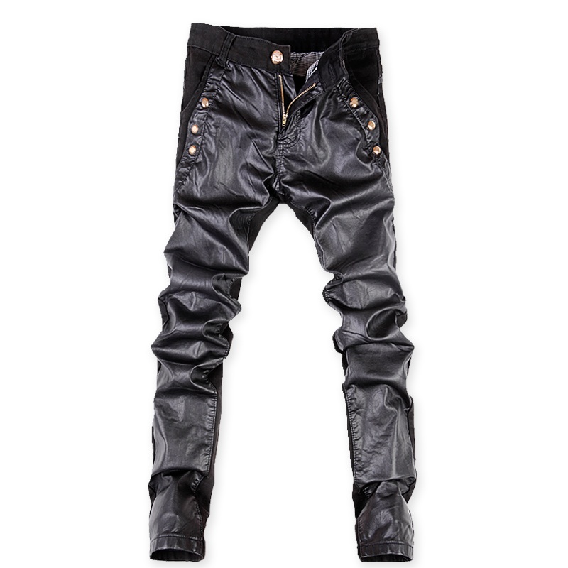 

2020 cotton&PU Spliced pants men, casual men's pants ,black men