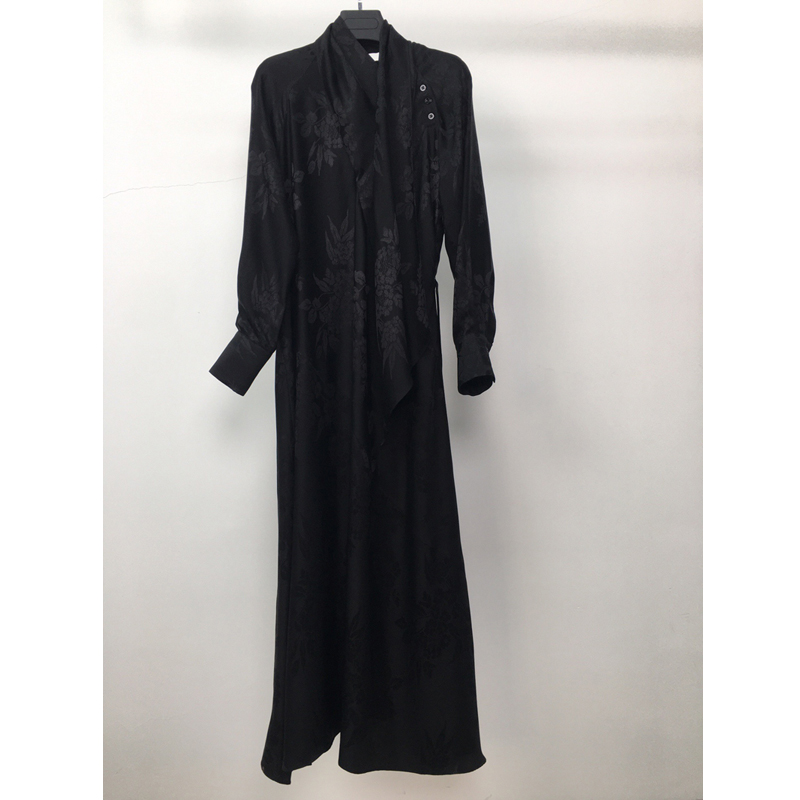 

8.8 Women' Fashion High end Retro Dress 2020 New Black Long Sleeve Ribbon With Belt Silk Jacquard Midi Dress