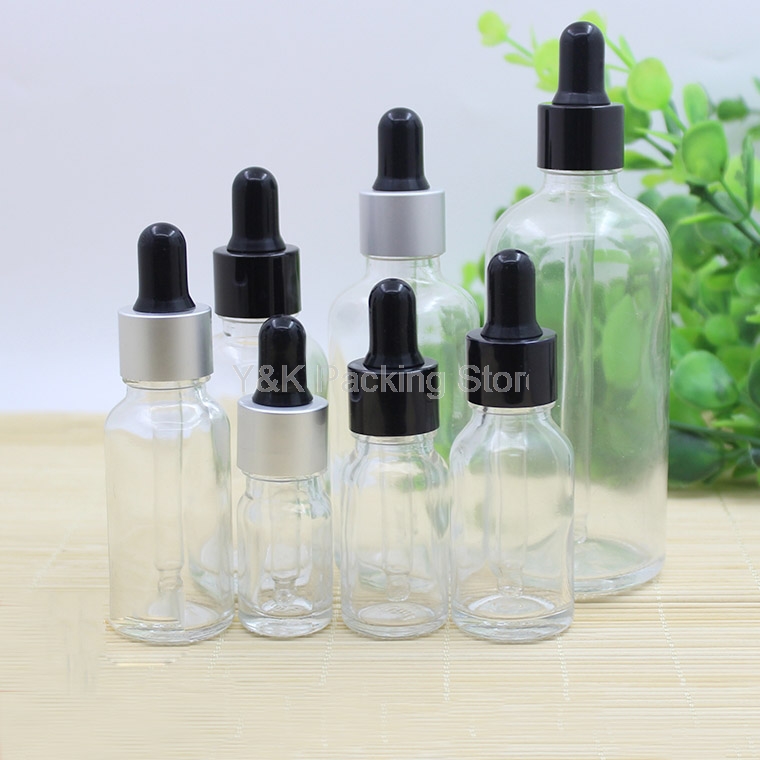 

5ml,10ml,15ml,30ml,50ml,100ml Clear Glass Dropper bottles,Black,Matte Silver collar Empty Essential Oil Vials Black rubber