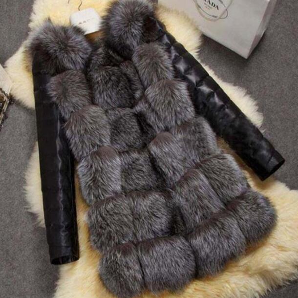 

4XL Autumn Winter Coat Women Faux Fur Coat with PU sleeve Female Fake Fur Jacket gilet chalecos de pelo mujer DC39, Black