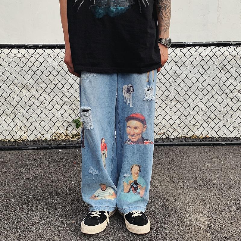 Graffiti Printed Ripped Destroied Denim Straight Jeans Mens Distressed Jeans Trouser Hip Hop Streetwear Loose Joggers Jean Pants-image-574464781