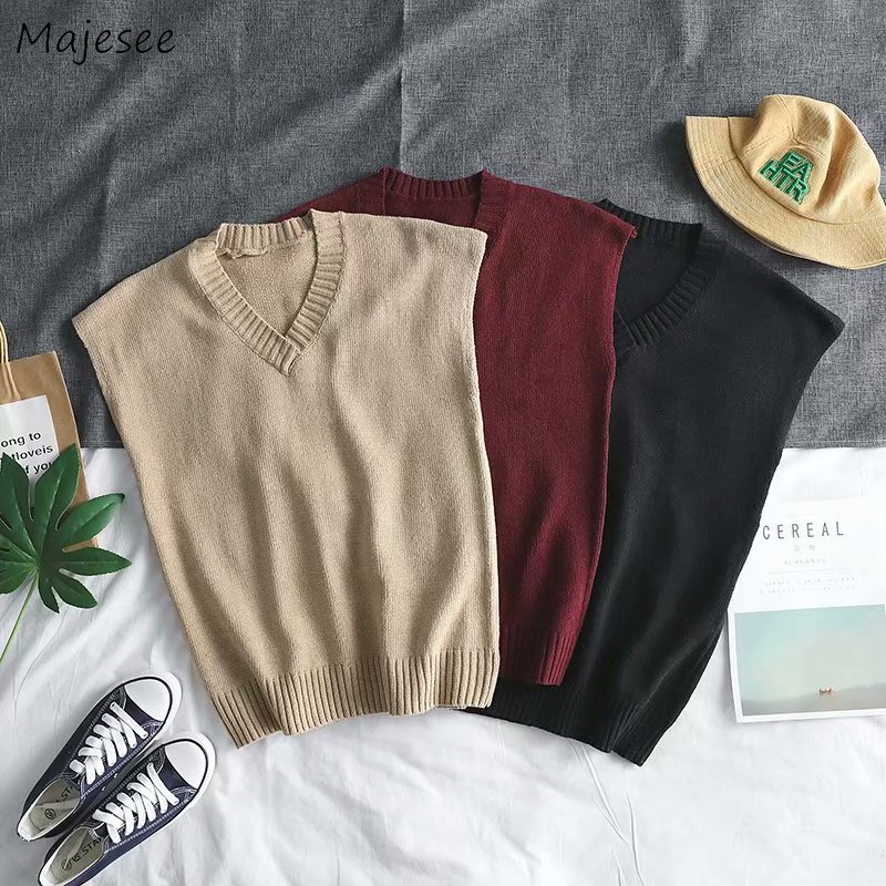 

Sweater Vest Men Solid V-neck All-match Sleeveless Leisure Knitting Mens Autumn Vests Fashion Harajuku Chic Teens Korean Style, Black